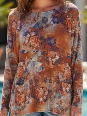 Cable & Gauge -NWT Floral Tunic Long Sleeve, 2 Front Pockets, Round Neck, Size L